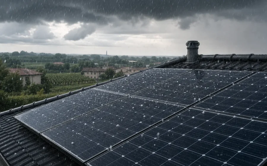 Pannelli fotovoltaici integri durante una grandinata