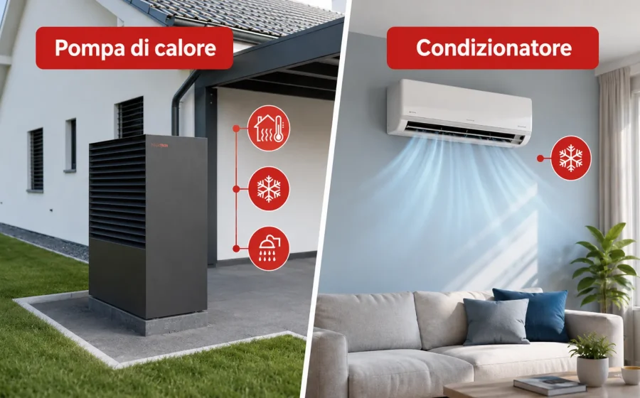 Pompa di calore e condizionatore a confronto su parete esterna di abitazione