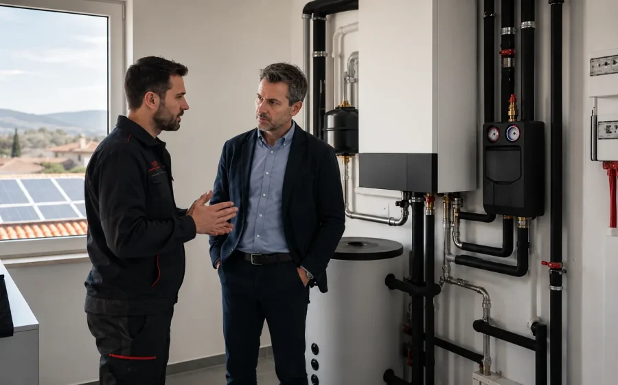 Tecnico illustra a un cliente un impianto termico integrato con fotovoltaico