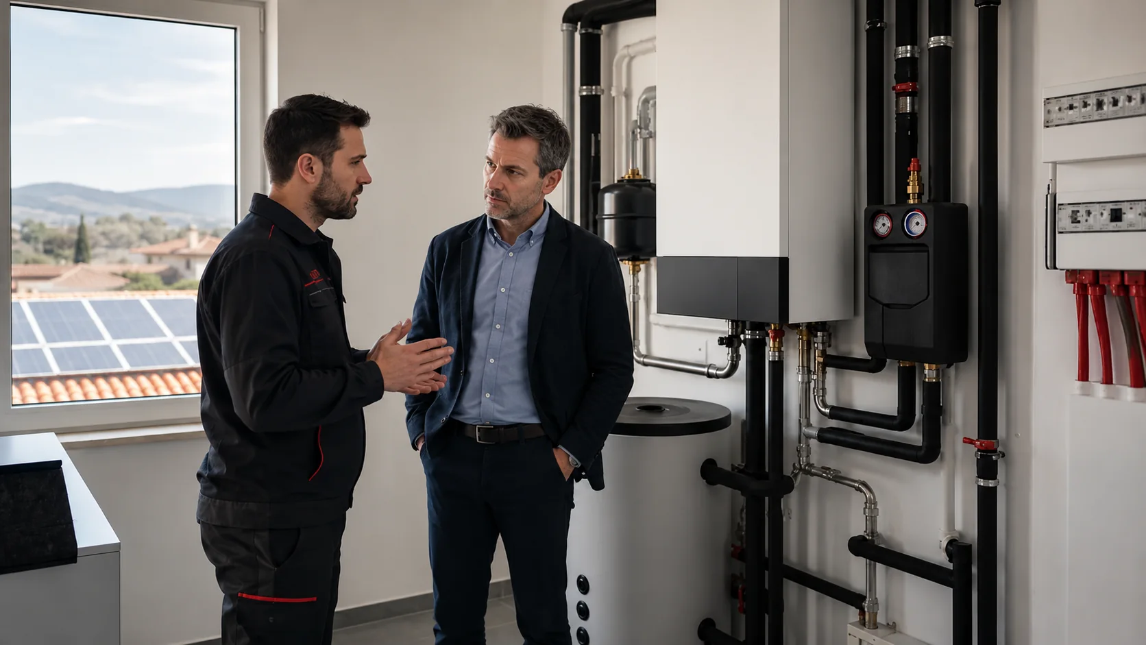 Tecnico illustra a un cliente un impianto termico integrato con fotovoltaico