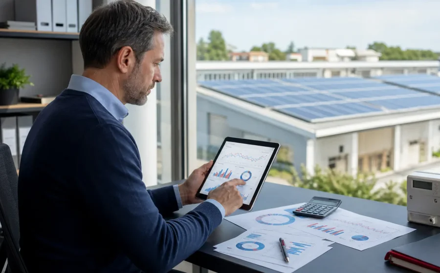 Responsabile energia analizza consumi e costi con impianto fotovoltaico sullo sfondo