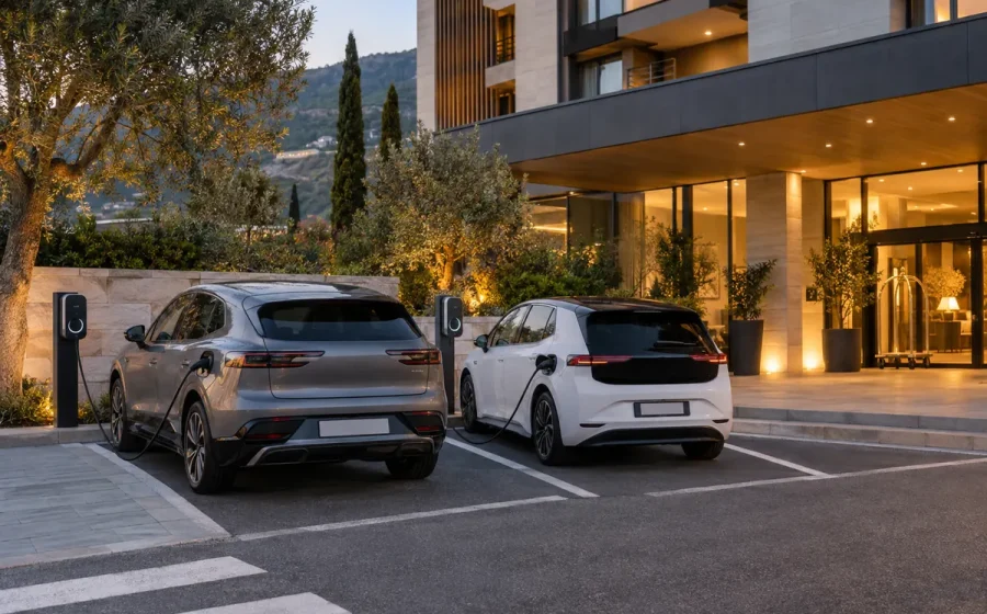 Auto elettriche collegate alle colonnine di ricarica nel parcheggio di un hotel
