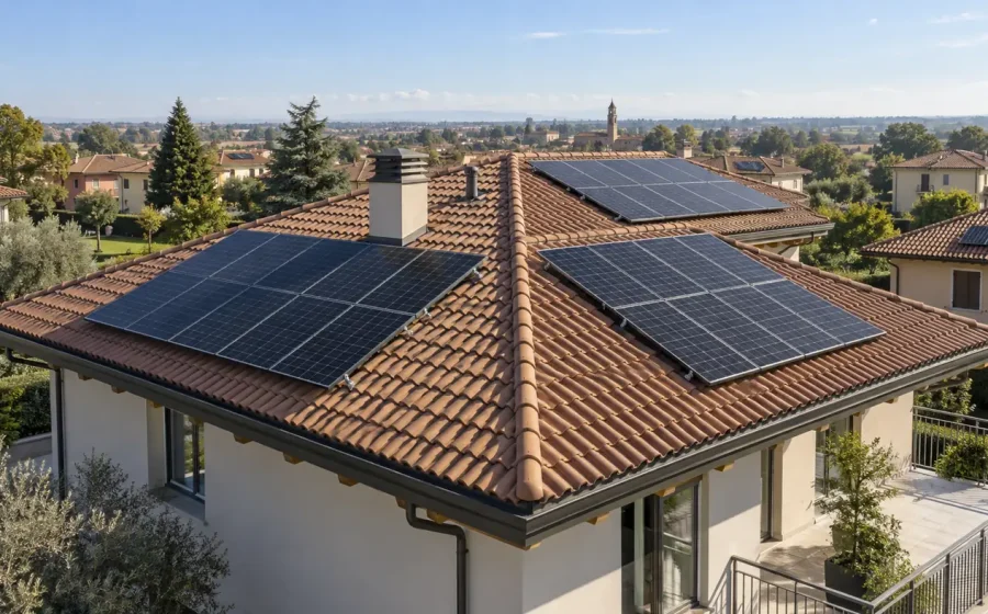 Tetto residenziale con pannelli fotovoltaici su falde orientate in direzioni diverse
